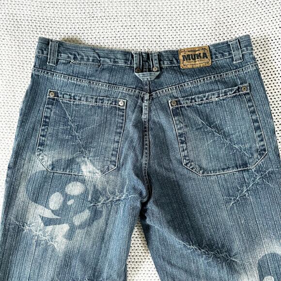 Muka Jeans Baggy Y2K Airbrushed Skull Stitches All Over Design Grunge Jeans 42 - Picture 11 of 16